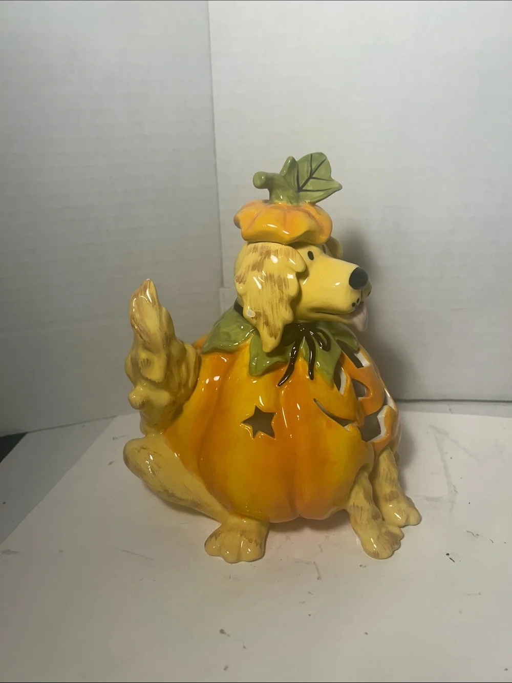 Blue Sky Yellow Orange Pumpkin Dog Figurine
